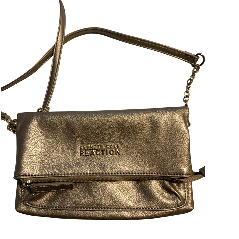 Kenneth Cole Reaction Womens Bronze‎ Metallic Pebbled Foldover Crossbody Bag